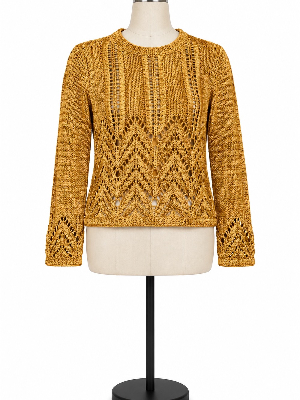 BCBGMAXAZRIA Gold Chevron Open Knit Pullover Sweater XL NWT